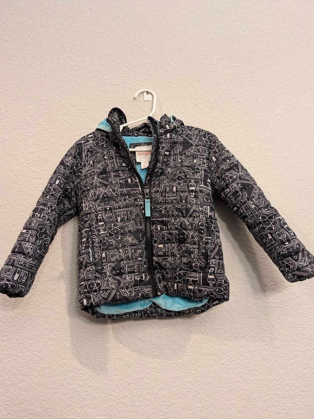 Cat & Jack Black Science Theme Patterned Puffer Jacket Sz 3T with Light Blue Lin
